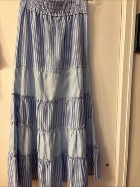 Light Blue & White Striped Tiered Maxi Skirt